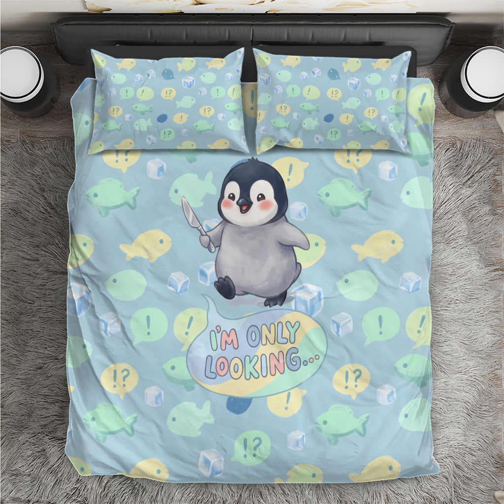 Sneaky Flipper Cute Penguin Holding Knife Bedding Set Funny Chibi Penguin Graphic With Ice And Fish Pattern