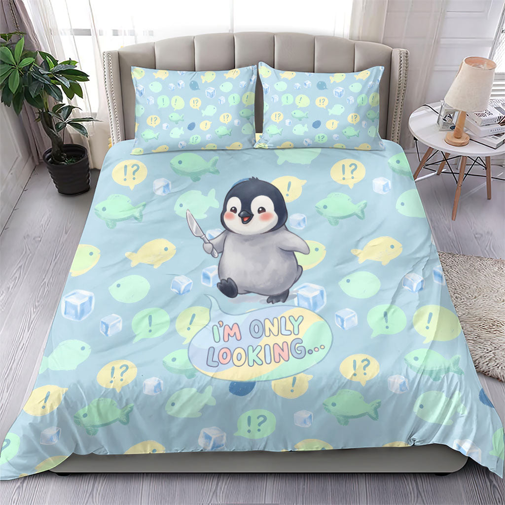 Sneaky Flipper Cute Penguin Holding Knife Bedding Set Funny Chibi Penguin Graphic With Ice And Fish Pattern