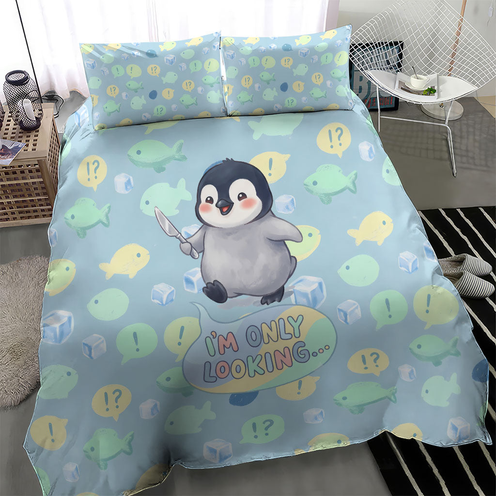 Sneaky Flipper Cute Penguin Holding Knife Bedding Set Funny Chibi Penguin Graphic With Ice And Fish Pattern
