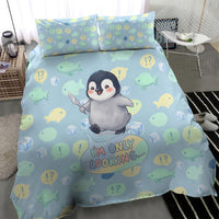 Sneaky Flipper Cute Penguin Holding Knife Bedding Set Funny Chibi Penguin Graphic With Ice And Fish Pattern
