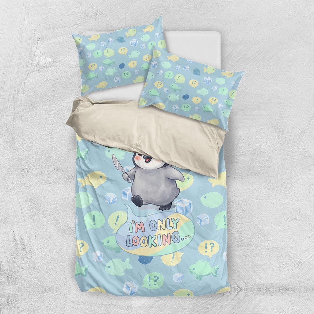 Sneaky Flipper Cute Penguin Holding Knife Bedding Set Funny Chibi Penguin Graphic With Ice And Fish Pattern