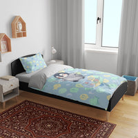 Sneaky Flipper Cute Penguin Holding Knife Bedding Set Funny Chibi Penguin Graphic With Ice And Fish Pattern