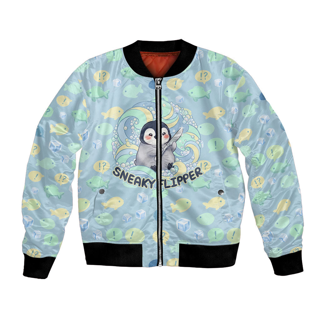 Sneaky Flipper Cute Penguin Holding Knife Bomber Jacket Funny Chibi Penguin Graphic With Ice And Fish Pattern
