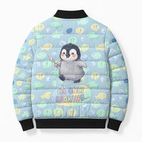 Sneaky Flipper Cute Penguin Holding Knife Bomber Puffer Jacket Funny Chibi Penguin Graphic With Ice And Fish Pattern