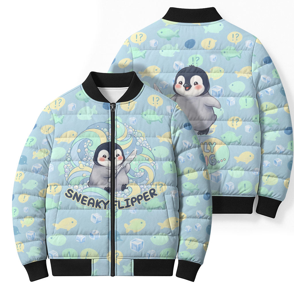Sneaky Flipper Cute Penguin Holding Knife Bomber Puffer Jacket Funny Chibi Penguin Graphic With Ice And Fish Pattern