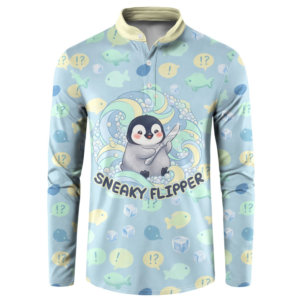 Sneaky Flipper Cute Penguin Holding Knife Button Sweatshirt Funny Chibi Penguin Graphic With Ice And Fish Pattern