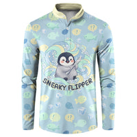 Sneaky Flipper Cute Penguin Holding Knife Button Sweatshirt Funny Chibi Penguin Graphic With Ice And Fish Pattern