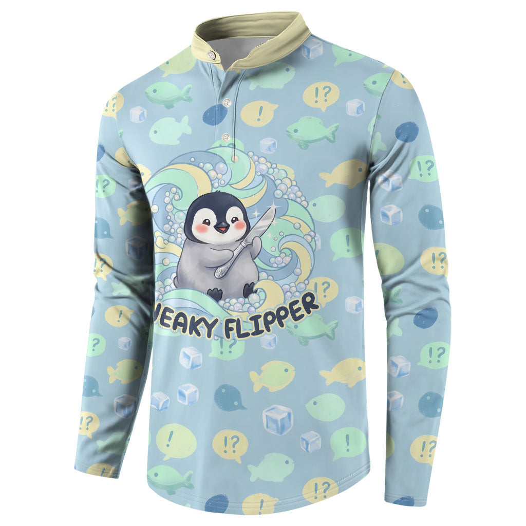 Sneaky Flipper Cute Penguin Holding Knife Button Sweatshirt Funny Chibi Penguin Graphic With Ice And Fish Pattern