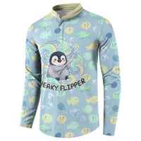 Sneaky Flipper Cute Penguin Holding Knife Button Sweatshirt Funny Chibi Penguin Graphic With Ice And Fish Pattern