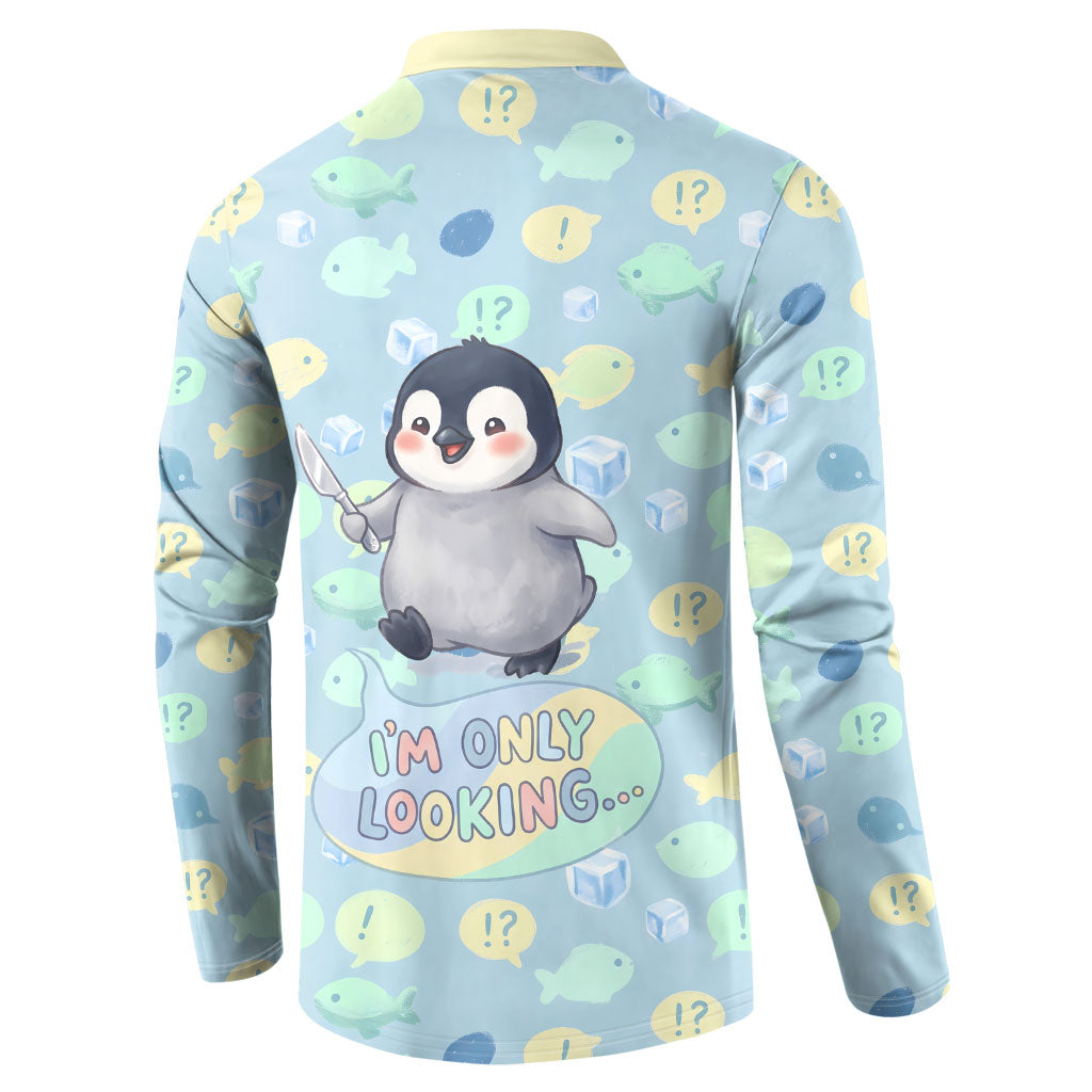 Sneaky Flipper Cute Penguin Holding Knife Button Sweatshirt Funny Chibi Penguin Graphic With Ice And Fish Pattern