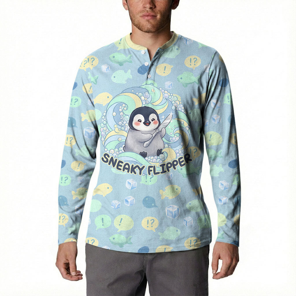 Sneaky Flipper Cute Penguin Holding Knife Button Sweatshirt Funny Chibi Penguin Graphic With Ice And Fish Pattern