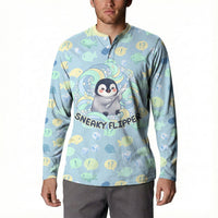 Sneaky Flipper Cute Penguin Holding Knife Button Sweatshirt Funny Chibi Penguin Graphic With Ice And Fish Pattern
