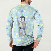 Sneaky Flipper Cute Penguin Holding Knife Button Sweatshirt Funny Chibi Penguin Graphic With Ice And Fish Pattern