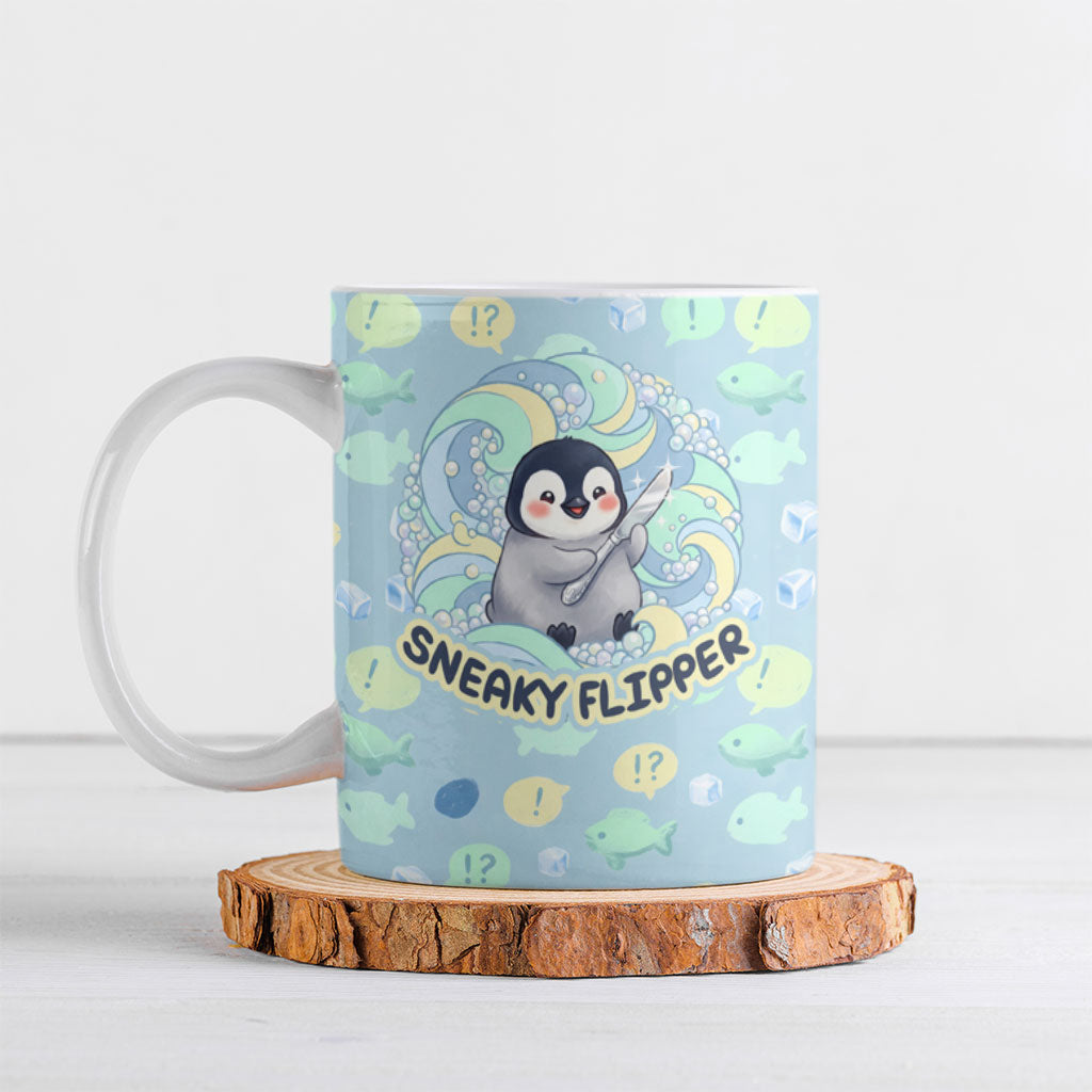Sneaky Flipper Cute Penguin Holding Knife Ceramic Mug Funny Chibi Penguin Graphic With Ice And Fish Pattern