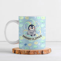 Sneaky Flipper Cute Penguin Holding Knife Ceramic Mug Funny Chibi Penguin Graphic With Ice And Fish Pattern