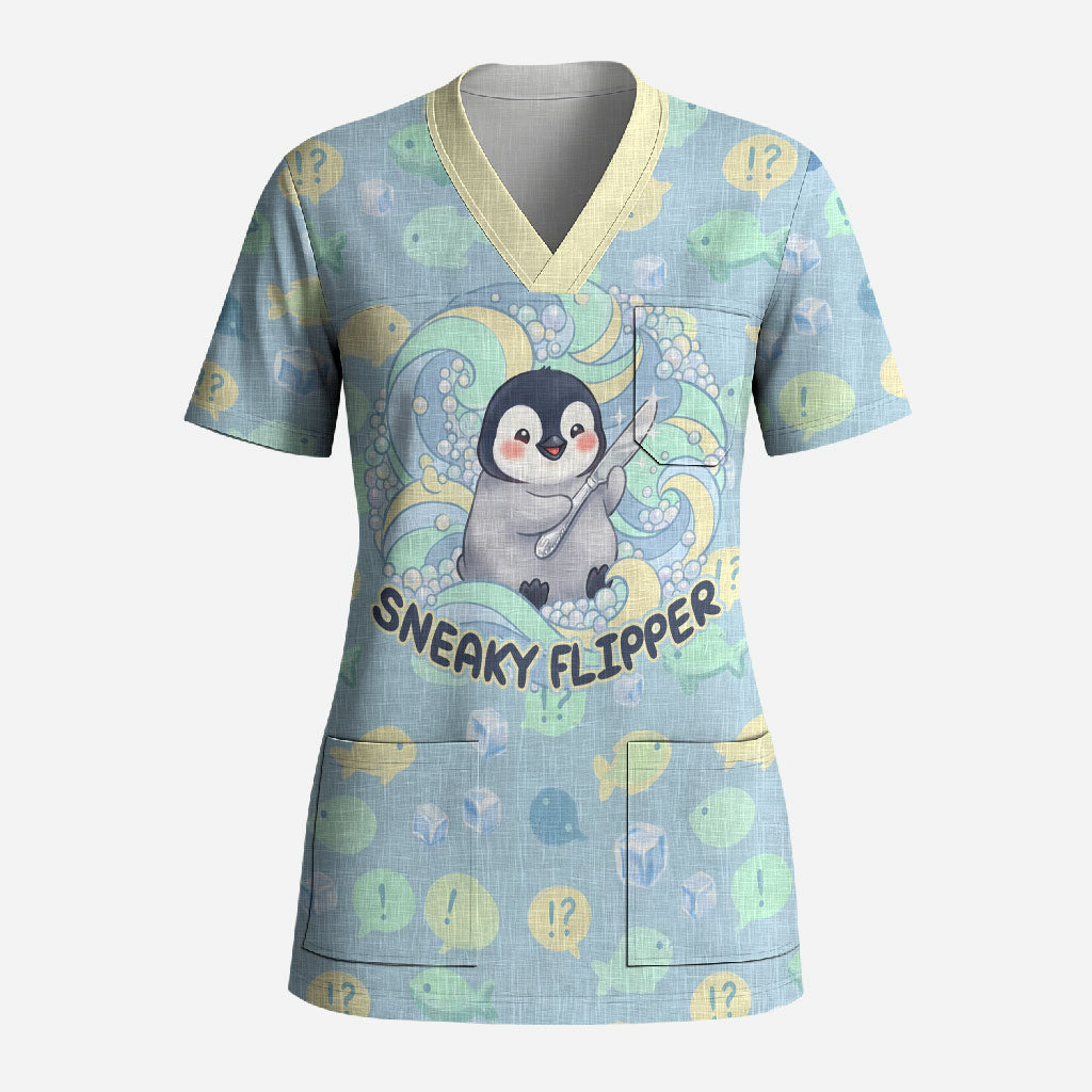 Sneaky Flipper Cute Penguin Holding Knife Scrub Top Funny Chibi Penguin Graphic With Ice And Fish Pattern
