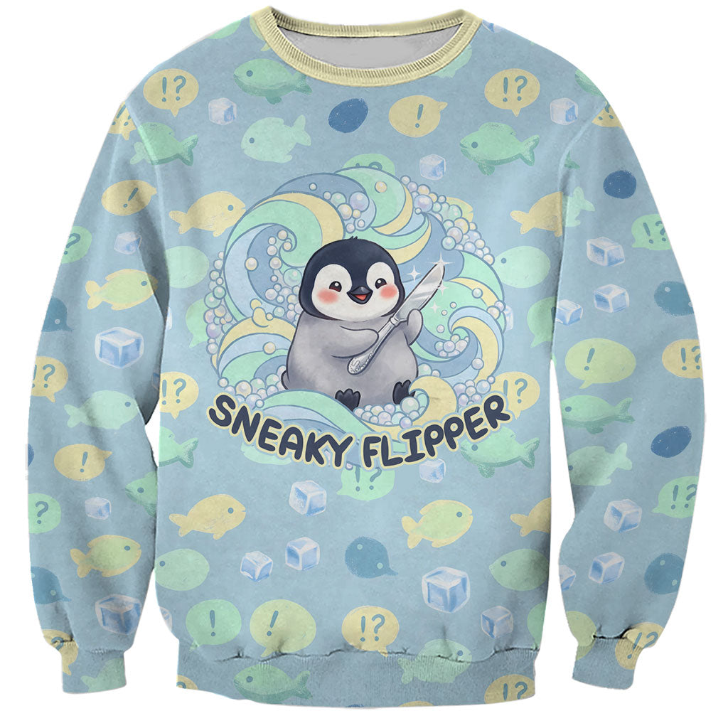 Sneaky Flipper Cute Penguin Holding Knife Sweatshirt Funny Chibi Penguin Graphic With Ice And Fish Pattern