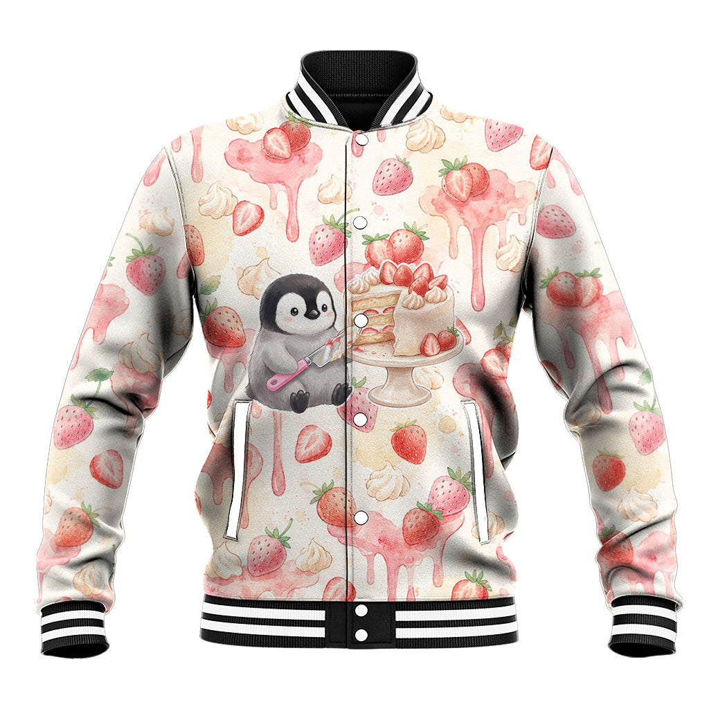 Sweet Crime Cute Penguin Holding Knife Baseball Jacket Funny Strawberry Cake Graphic With Pastel Dessert Pattern