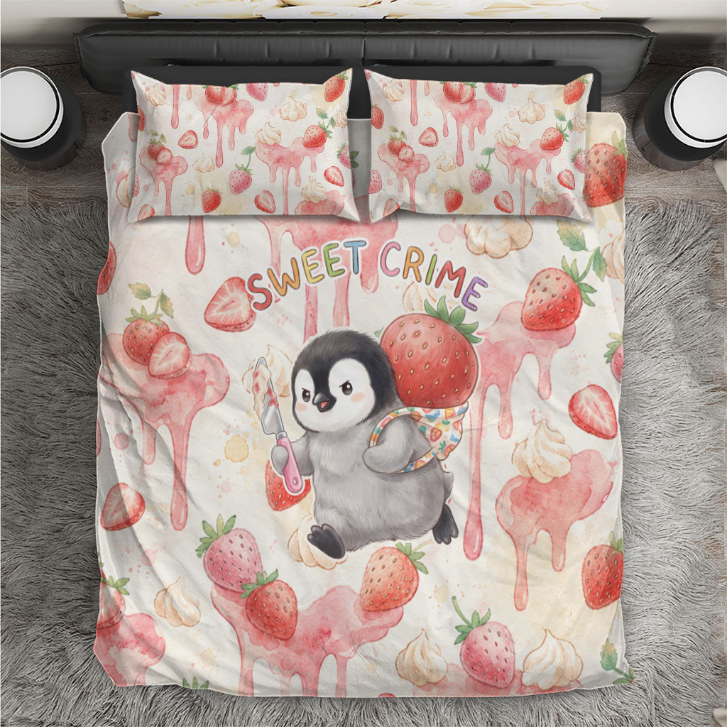 Sweet Crime Cute Penguin Holding Knife Bedding Set Funny Strawberry Cake Graphic With Pastel Dessert Pattern