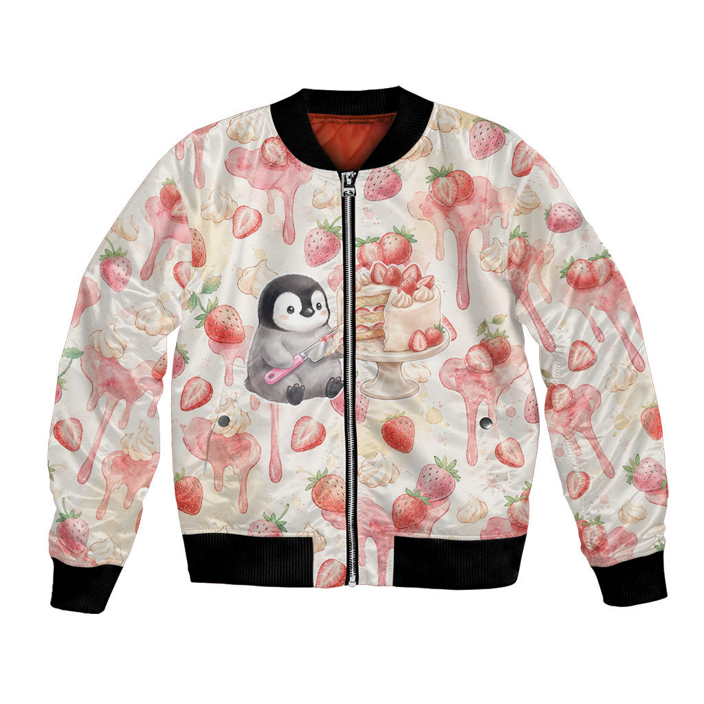 Sweet Crime Cute Penguin Holding Knife Bomber Jacket Funny Strawberry Cake Graphic With Pastel Dessert Pattern