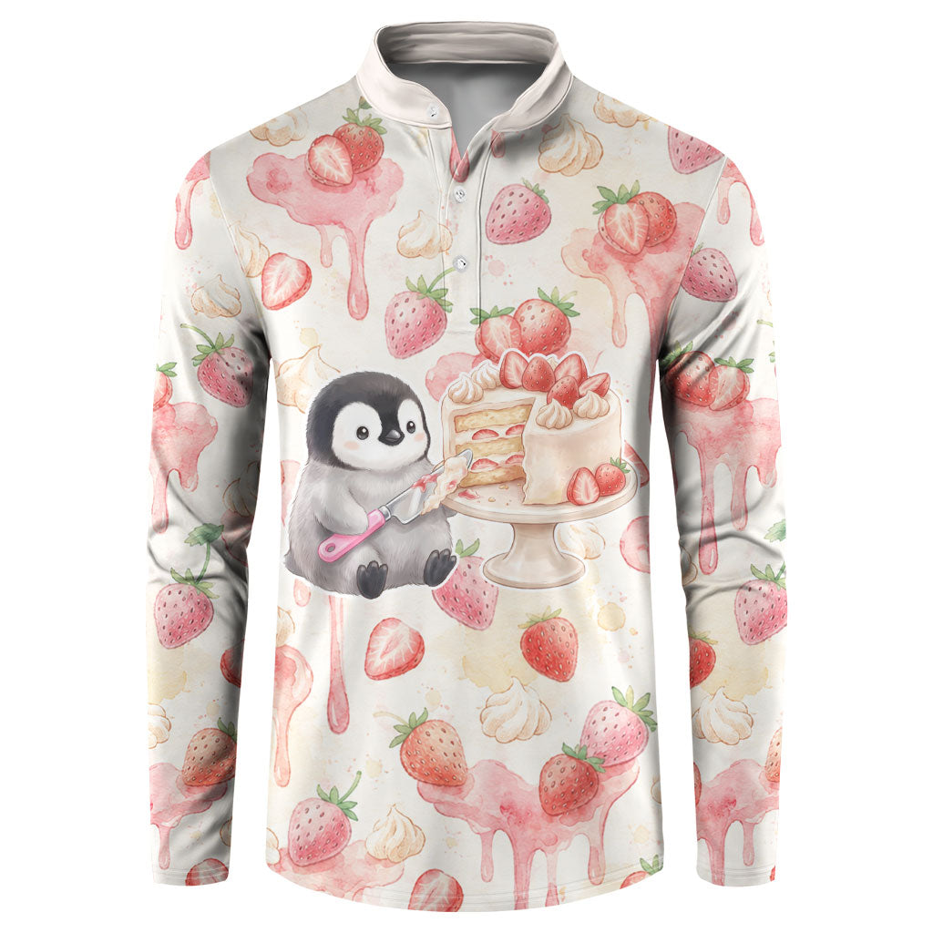 Sweet Crime Cute Penguin Holding Knife Button Sweatshirt Funny Strawberry Cake Graphic With Pastel Dessert Pattern