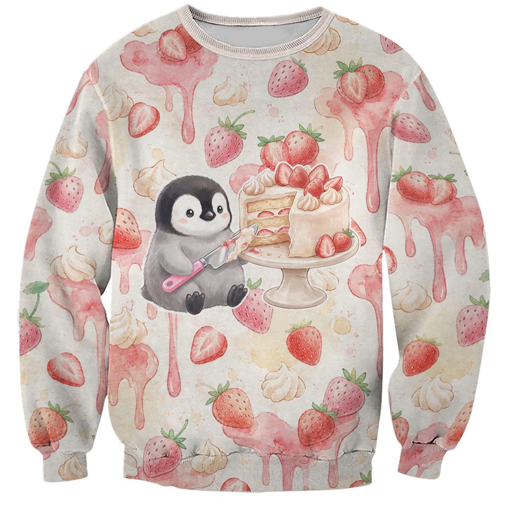Sweet Crime Cute Penguin Holding Knife Sweatshirt Funny Strawberry Cake Graphic With Pastel Dessert Pattern