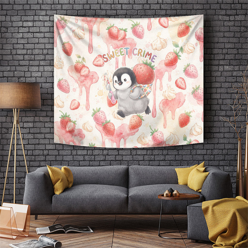 Sweet Crime Cute Penguin Holding Knife Tapestry Funny Strawberry Cake Graphic With Pastel Dessert Pattern