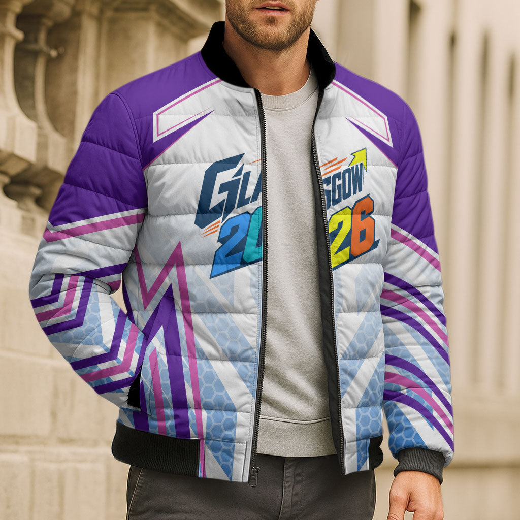 Glasgow 2026 Bomber Puffer Jacket Scotland Dynamic Geometric Athlete Graphic Art