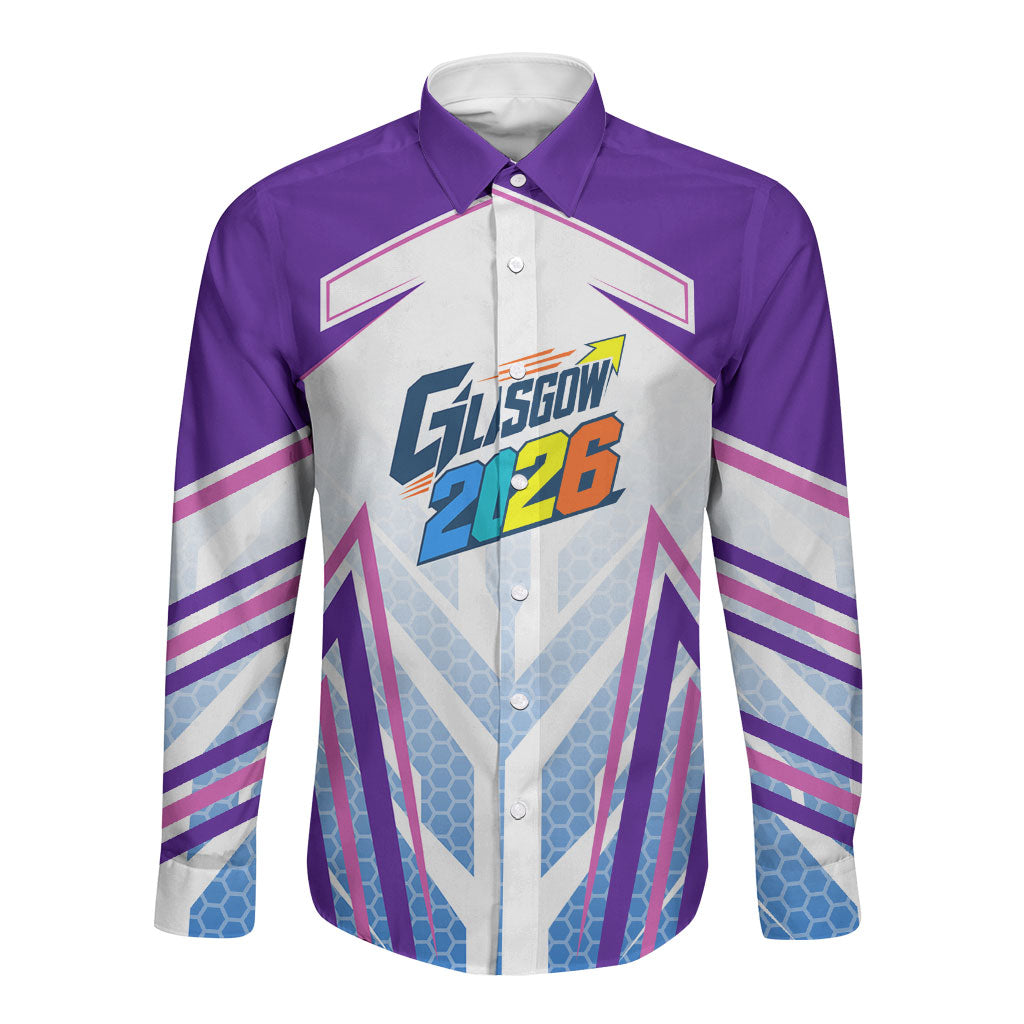 Glasgow 2026 Long Sleeve Button Shirt Scotland Dynamic Geometric Athlete Graphic Art
