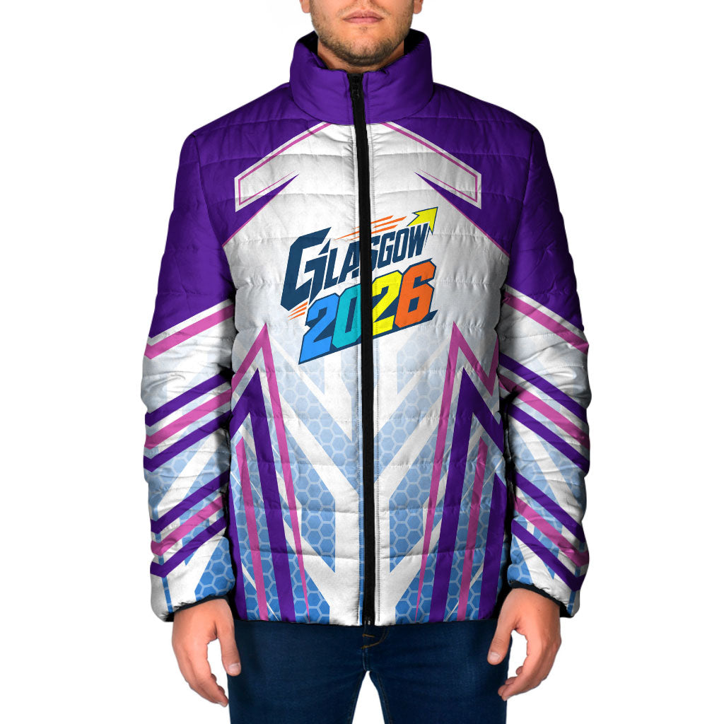 Glasgow 2026 Padded Jacket Scotland Dynamic Geometric Athlete Graphic Art