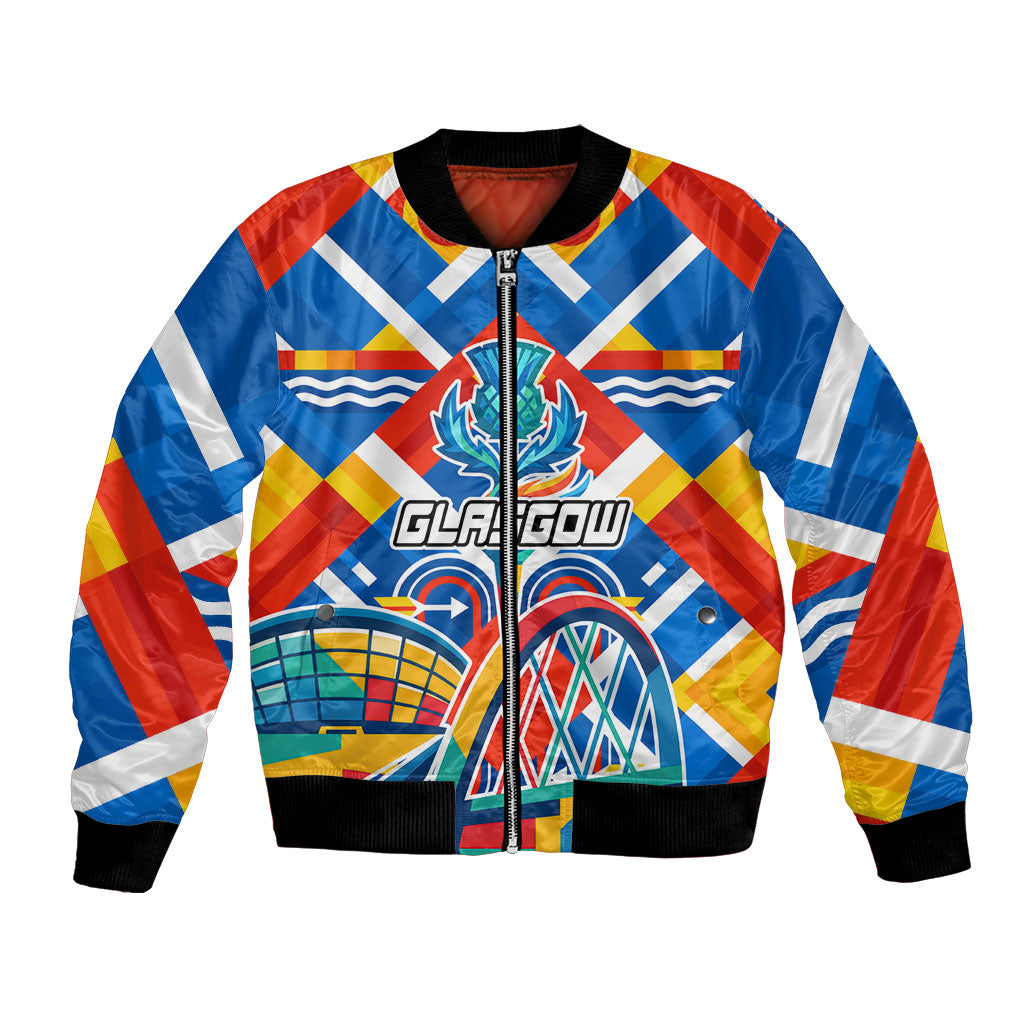 Glasgow 2026 Scotland Bomber Jacket Thistle Vibrant Tartan Cartoon Character