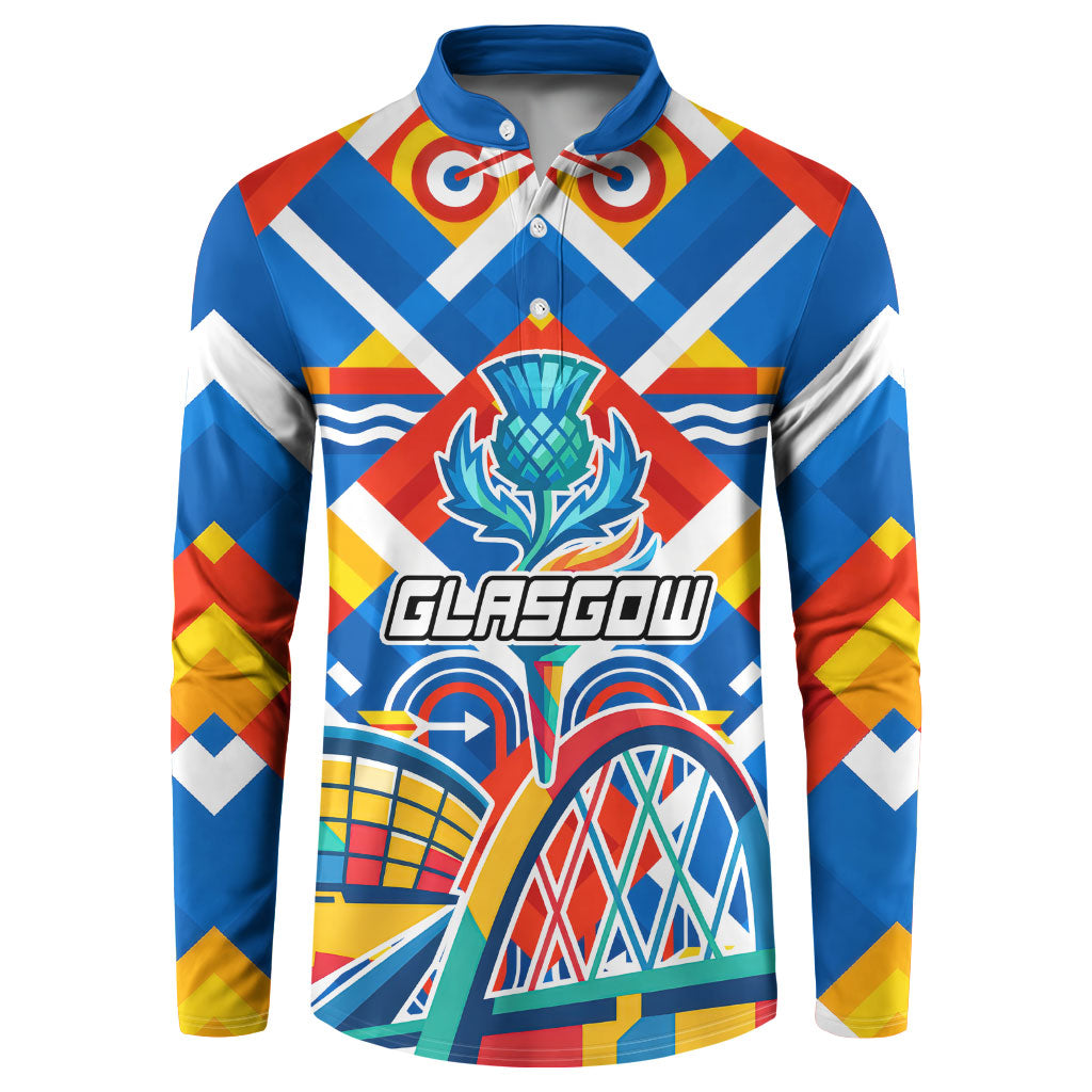 Glasgow 2026 Scotland Button Sweatshirt Thistle Vibrant Tartan Cartoon Character