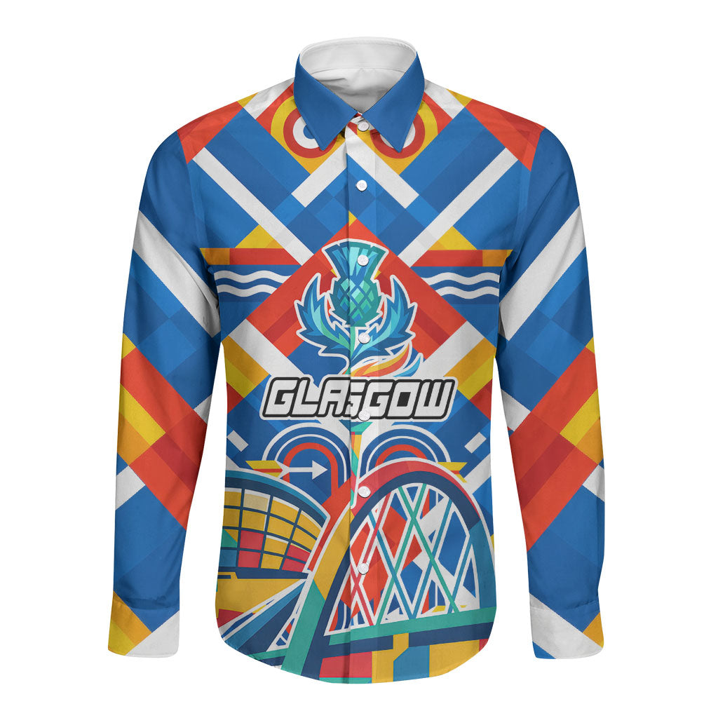 Glasgow 2026 Scotland Long Sleeve Button Shirt Thistle Vibrant Tartan Cartoon Character
