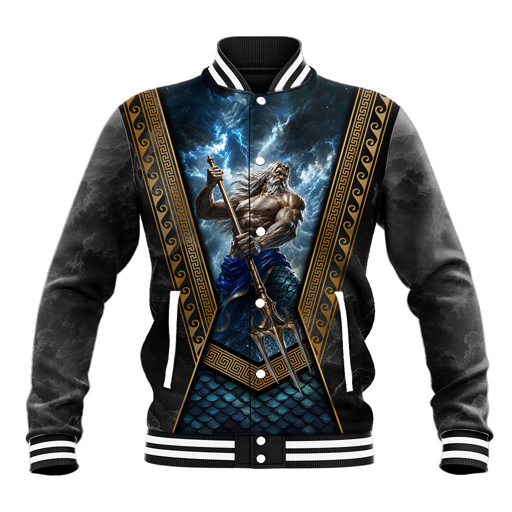 Poseidon God Of The Sea Trident Baseball Jacket Ancient Greek Mythology Stormy Ocean Art
