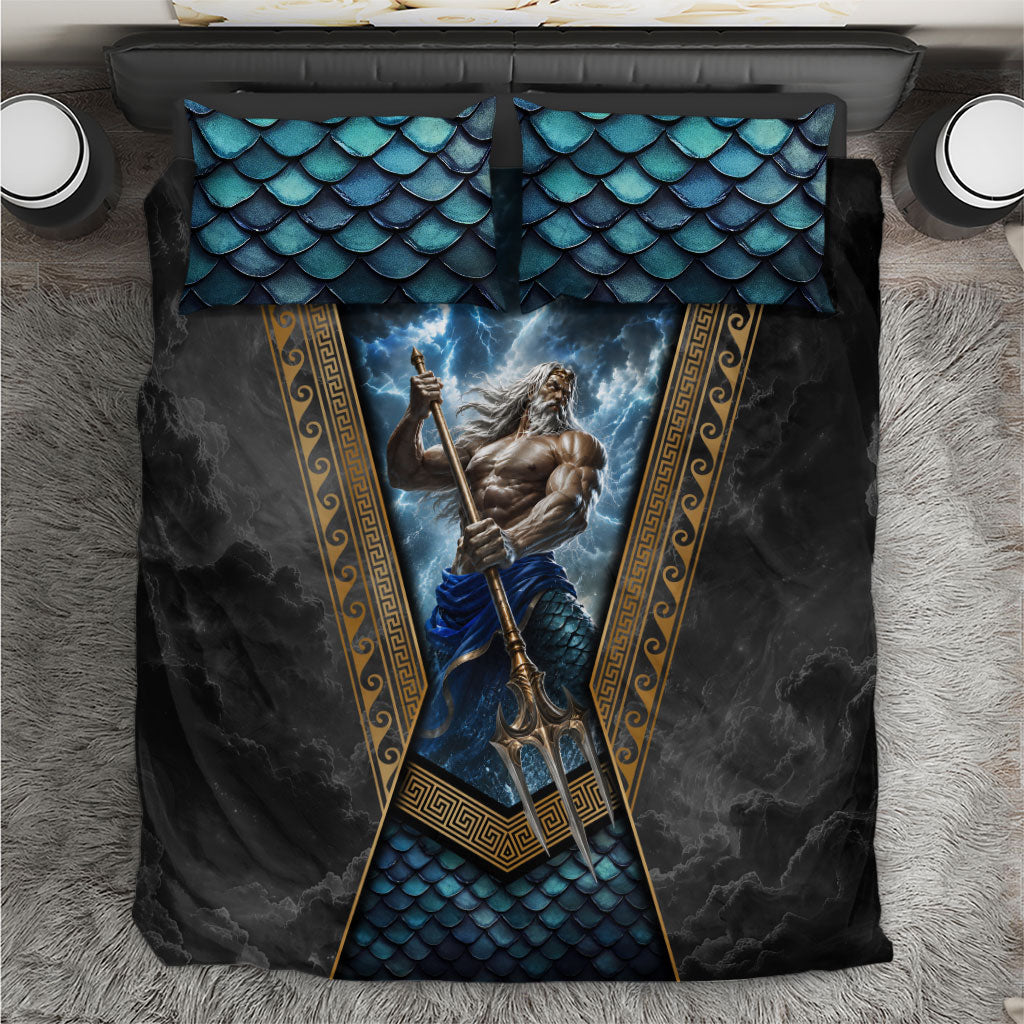 Poseidon God Of The Sea Trident Bedding Set Ancient Greek Mythology Stormy Ocean Art
