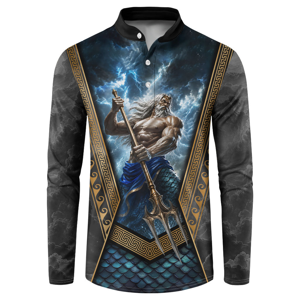 Poseidon God Of The Sea Trident Button Sweatshirt Ancient Greek Mythology Stormy Ocean Art