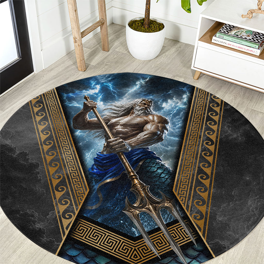 Poseidon God Of The Sea Trident Round Carpet Ancient Greek Mythology Stormy Ocean Art