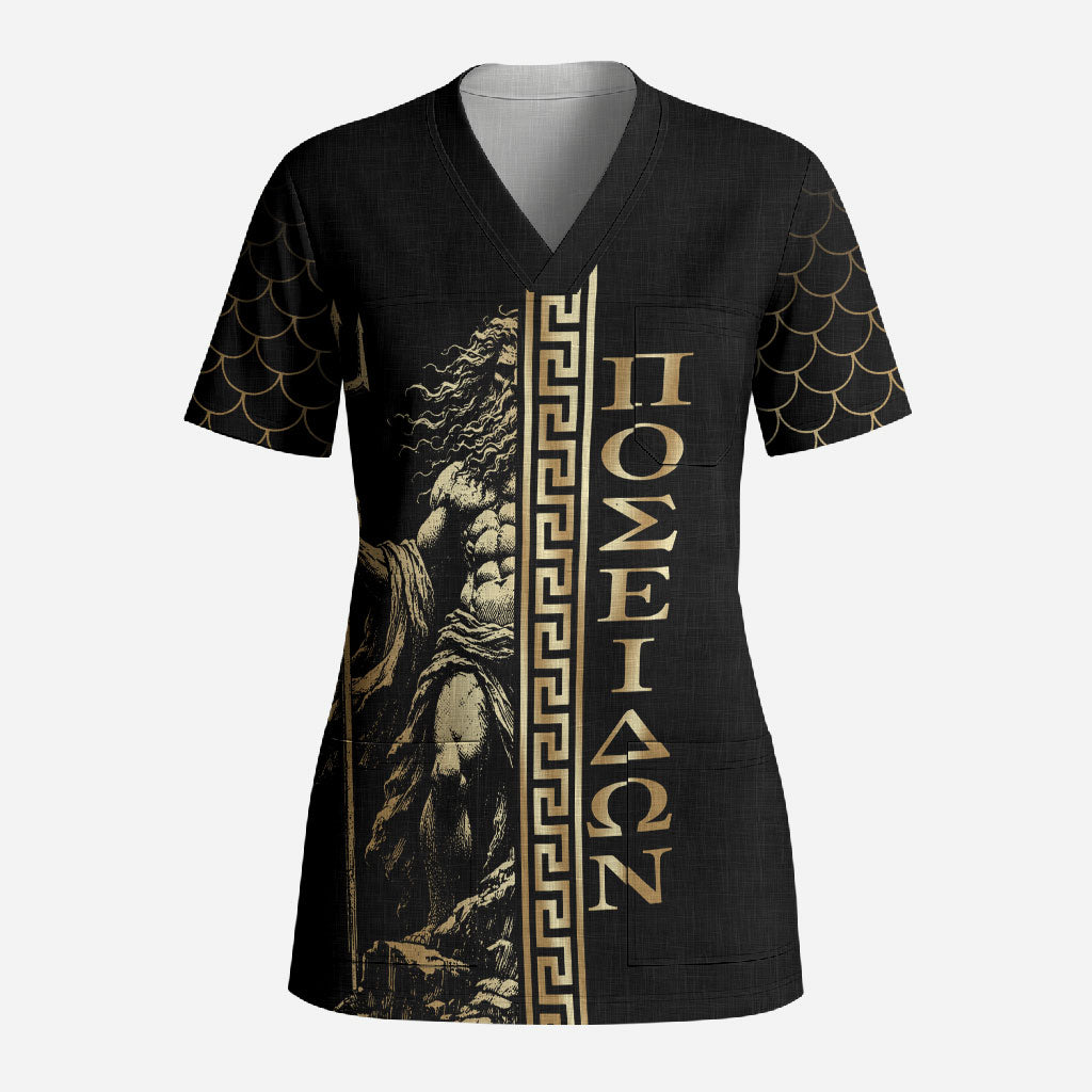 Poseidon King Of The Ocean Scrub Top Ancient Greek Mythology Golden Line Art
