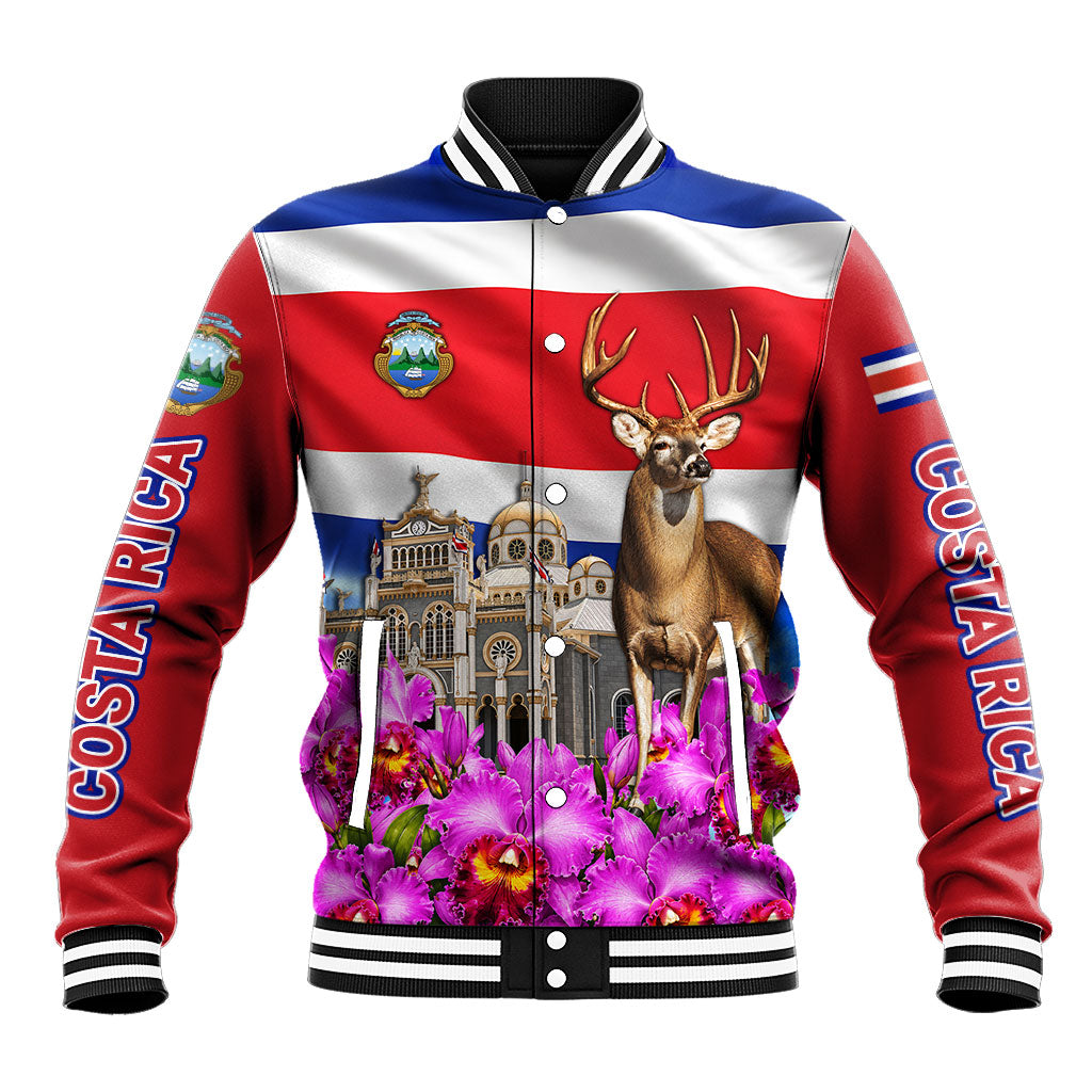 Costa Rica Pura Vida White Tailed Deer And Basilica Baseball Jacket Patriotic National Symbols Guaria Morada Flag Art
