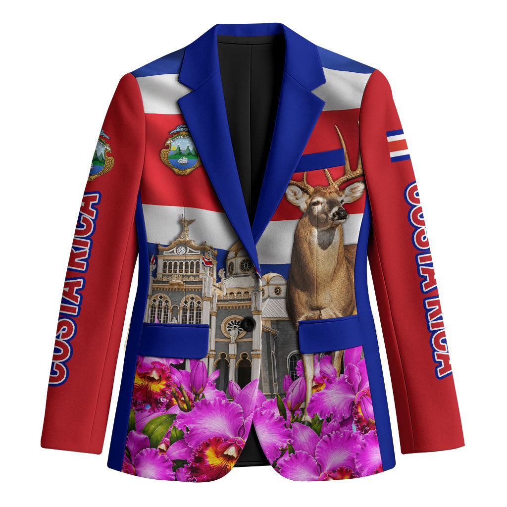 Costa Rica Pura Vida White Tailed Deer And Basilica Blazer Patriotic National Symbols Guaria Morada Flag Art