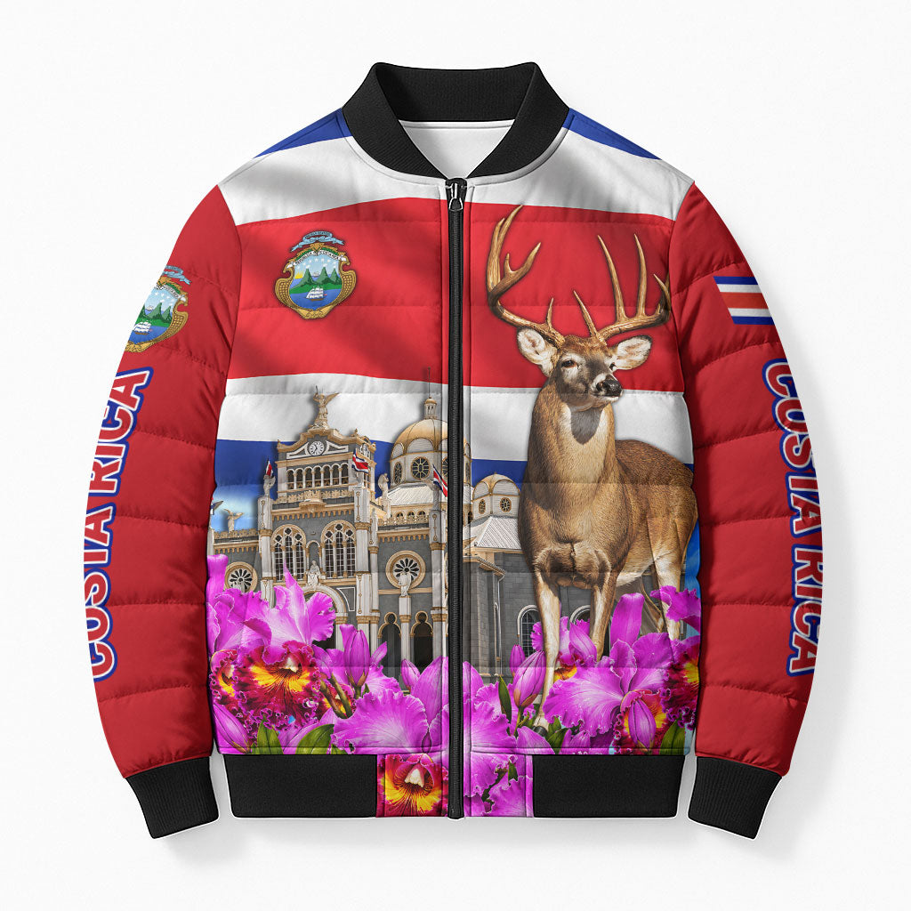 Costa Rica Pura Vida White Tailed Deer And Basilica Bomber Puffer Jacket Patriotic National Symbols Guaria Morada Flag Art
