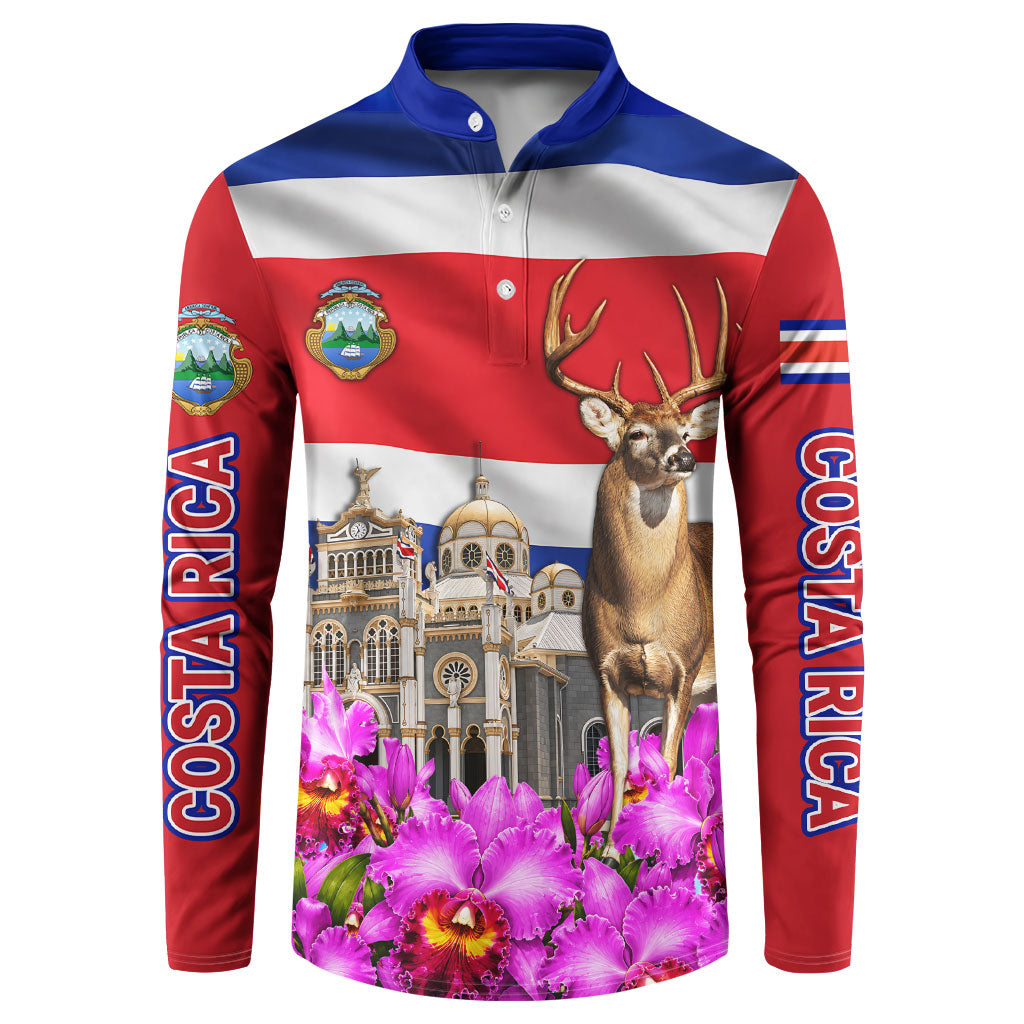 Costa Rica Pura Vida White Tailed Deer And Basilica Button Sweatshirt Patriotic National Symbols Guaria Morada Flag Art