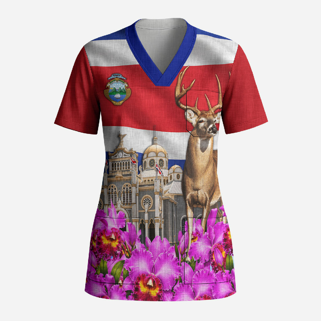 Costa Rica Pura Vida White Tailed Deer And Basilica Scrub Top Patriotic National Symbols Guaria Morada Flag Art