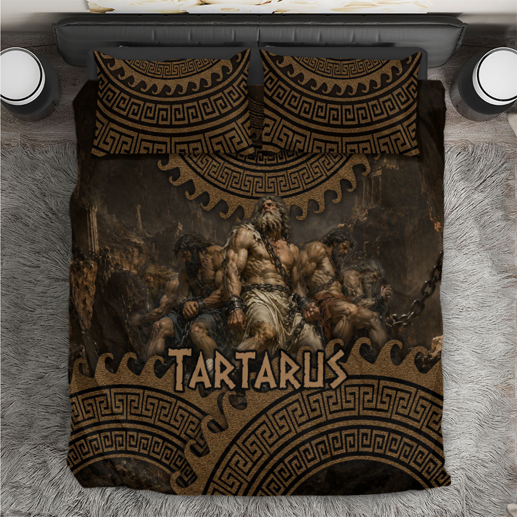 Greek Mythology Tartarus Bedding Set Chained Titans Classical Art Greek Key Pattern