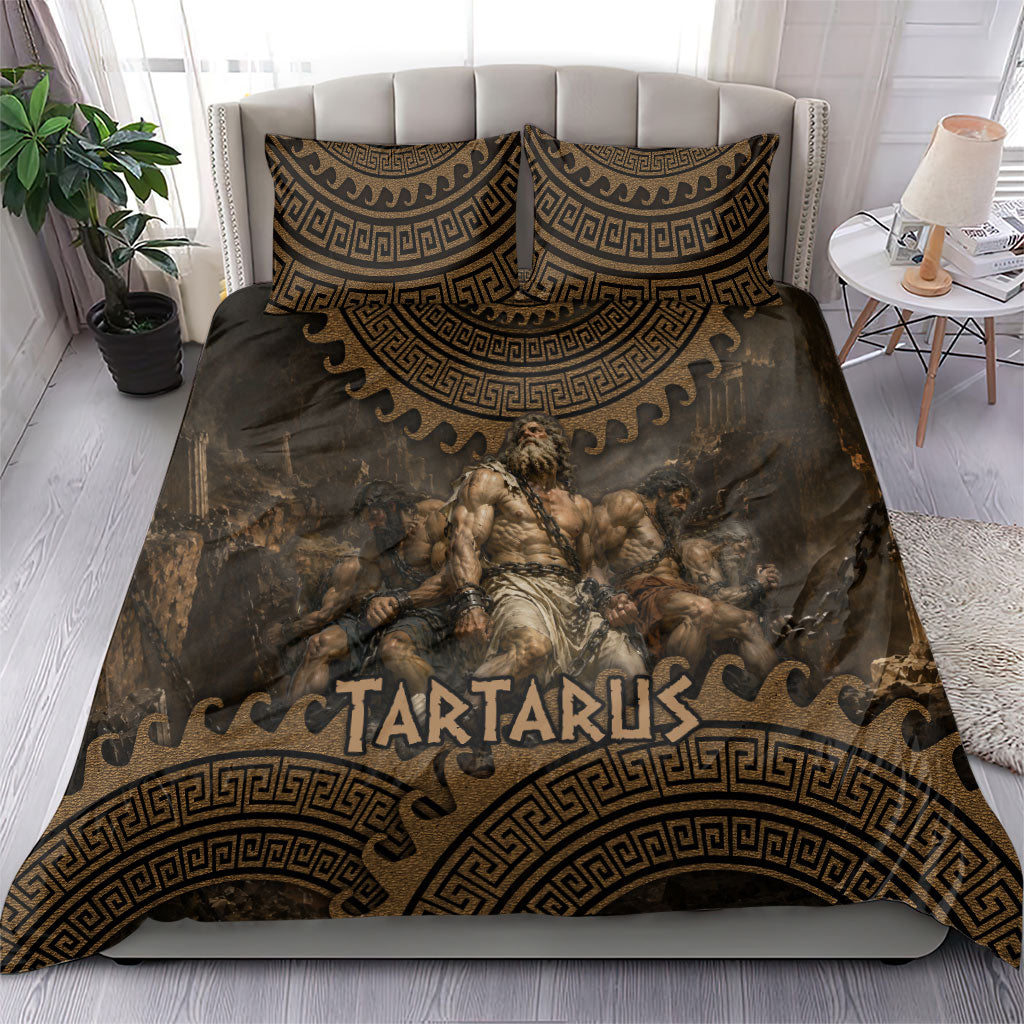 Greek Mythology Tartarus Bedding Set Chained Titans Classical Art Greek Key Pattern