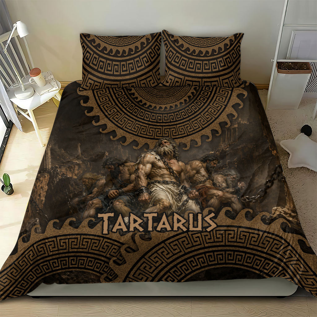 Greek Mythology Tartarus Bedding Set Chained Titans Classical Art Greek Key Pattern