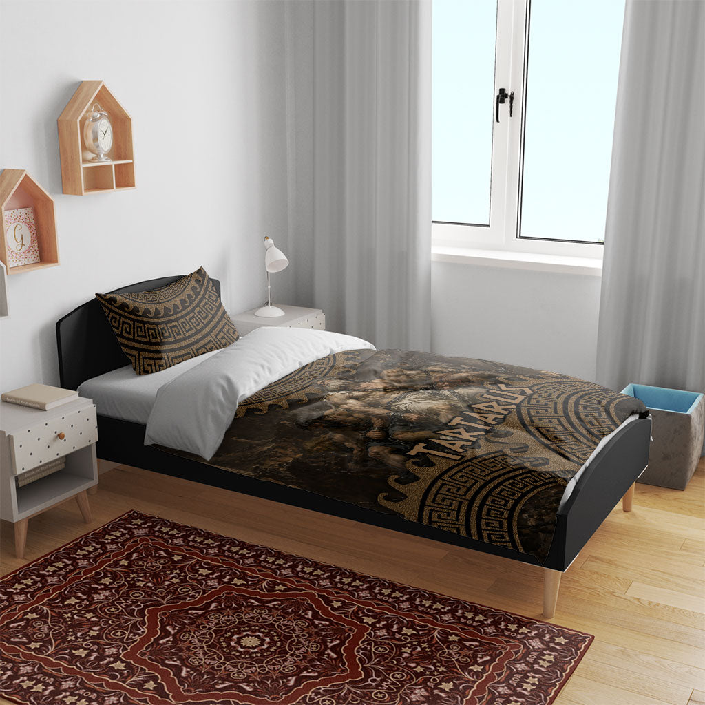 Greek Mythology Tartarus Bedding Set Chained Titans Classical Art Greek Key Pattern