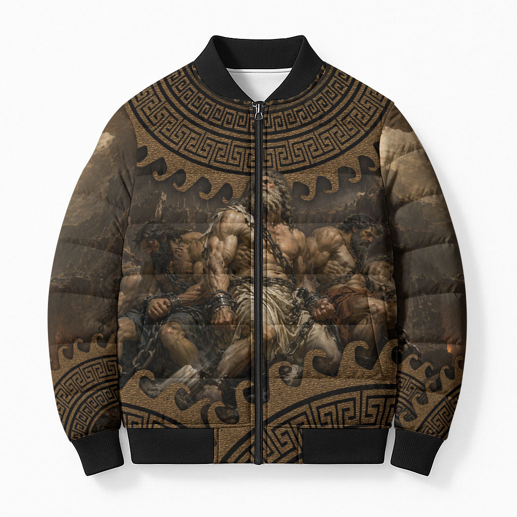 Greek Mythology Tartarus Bomber Puffer Jacket Chained Titans Classical Art Greek Key Pattern
