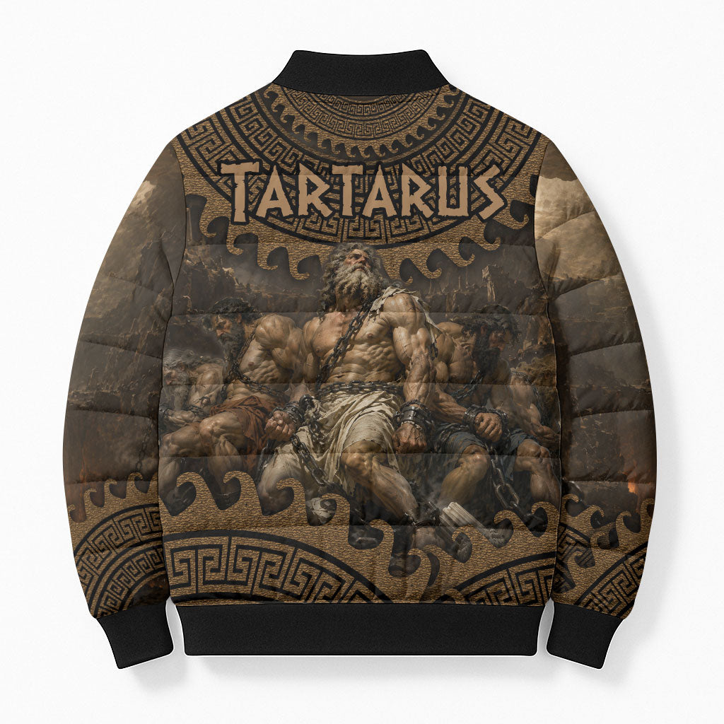 Greek Mythology Tartarus Bomber Puffer Jacket Chained Titans Classical Art Greek Key Pattern