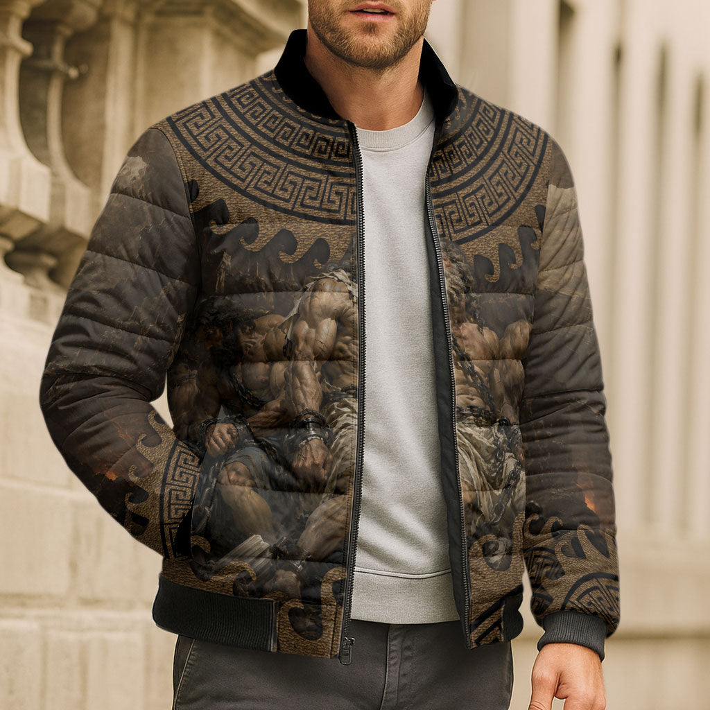Greek Mythology Tartarus Bomber Puffer Jacket Chained Titans Classical Art Greek Key Pattern